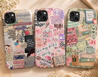May include: Three smartphone cases featuring collage-style designs. The left case has book-themed text and illustrations. The center case is pink with various stickers including a skeleton and text. The right case is green with books and coffee.