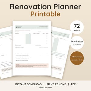 Puede incluir: Un conjunto de documentos imprimibles Renovation Planner con 72 páginas en tamaños A4 y Letter. Las páginas incluyen secciones para resúmenes de proyectos, ofertas de contratistas y listas de verificación con encabezados como The bids.