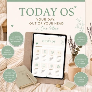 Può includere: Una dashboard di pianificazione digitale intitolata TODAY OS visualizzata su uno schermo di tablet, con sezioni per attività, abitudini, benessere, obiettivi, diario e finanza, caratterizzata da una palette chiara color verde salvia e beige.