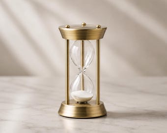 Small Gold Metal Hourglass – White Sand Glass Timer, Mini Desk Decor