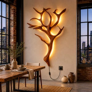 Luxus Teakholz Wand Kunst Lampe - Warme gelbe LED Beleuchtung für Wohnzimmer