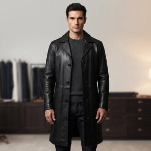 Premium Black Leather Long Coat, Custom Fit Trench Jacket, Classic Button-Up Winter Outerwear