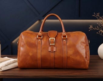 Handcrafted Italian Leather Duffle Bag, Weekender Travel Carry On Overnight Bag