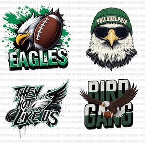 Pode incluir: Quatro designs gráficos com águias-de-cabeça-branca e temas de futebol americano. Um mostra uma águia com uma bola e o texto EAGLES. Outro mostra uma águia com um gorro verde e óculos de sol. Um terceiro mostra uma águia com o texto THEY NOT LIKE US. O quarto mostra uma águia com o texto BIRD GANG.