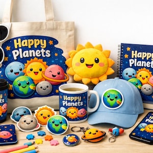 Könnte beinhalten: Eine Kollektion von Merchandise-Artikeln mit dem Happy Planets-Design, darunter eine Stofftasche, ein Spiralnotizbuch, eine hellblaue Baseballkappe, ein Keramikbecher, ein Reisebecher, ein kleines Etui, eine Handyhülle, eine Sonnen-Plüschfigur und Zubehör.