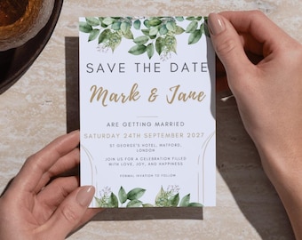 Eucalyptus & Gold Wedding Save The Date Template: Greenery Digital Invitation