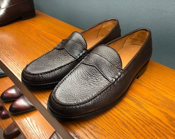 Handmade penny loafers, full-grain leather, brown, classic slip-on dress shoes