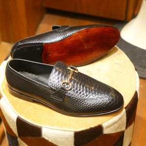 python embossed horsebit loafer, handmade, black leather, mens dress slip on