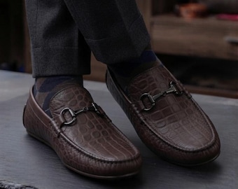 Crocodile embossed horsebit loafers, handmade leather, brown slip-on