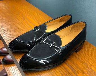 Handmade penny loafers, black patent leather with suede saddle, dress shoes