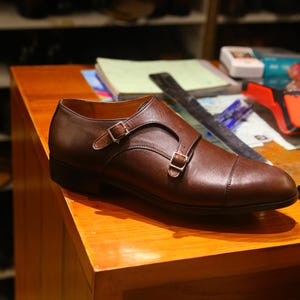 Handmade double monk strap shoes, full-grain leather, cap toe