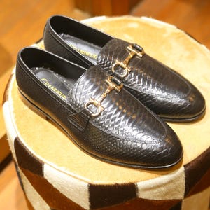 python embossed horsebit loafer, handmade, black leather, mens dress slip on