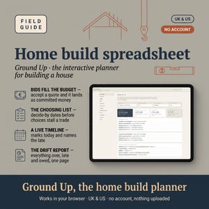 May include: A digital home build spreadsheet titled Field Guide, featuring an interactive planner for house construction. The interface displays budget tracking, a choosing list, a live timeline, and a drift report on a tablet screen.