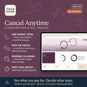 Subscription Tracker, Editable | Bill Tracker Spreadsheet, Renewal Calendar & Cancel Planner | UK and US | Cancel Anytime