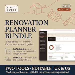 Home Renovation Planner Bundle, Interactive | Budget Tracker + Room Layout and Furniture Planner | Excel & Browser | UK and US | Field Guide