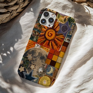 May include: A smartphone case featuring a vibrant collage design with a central orange sun, a large grey moon, a disco ball, and various star shapes. The pattern includes a grid of yellow and orange squares, celestial motifs, and a human face illustration.