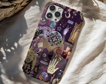 May include: A purple phone case featuring a collage of mystical imagery including a mandala, tarot cards, a hand with an eye symbol, a pumpkin-headed skeleton, witches, candles, a ghost, the number 333, and the text Moon Child and I am a Wish.
