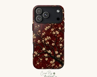 May include: A smartphone case featuring a deep red background with a dark tree branch pattern adorned with small white blossoms. The camera module area is black and rectangular. The text Case By ZizzyCo is printed at the bottom.