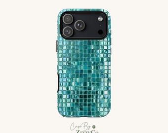 May include: A smartphone case featuring a repeating grid pattern of small, square, iridescent teal and blue tiles. The camera module area is black with three circular lenses and a flash. The text Case By ZizzyCo appears below.