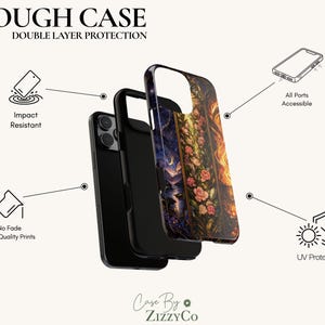 May include: A double-layer phone case featuring a floral and celestial design with roses, a night sky, and fire elements. The case is shown in exploded view with an inner black layer and an outer printed shell, labeled with impact resistant, UV protected, and port access features.