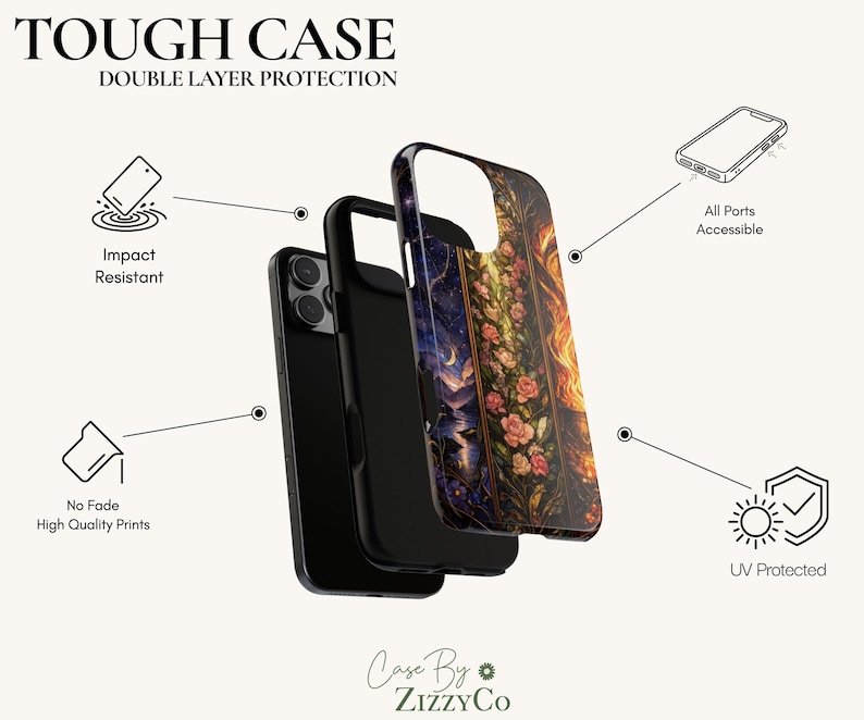 May include: A double-layer phone case featuring a floral and celestial design with roses, a night sky, and fire elements. The case is shown in exploded view with an inner black layer and an outer printed shell, labeled with impact resistant, UV protected, and port access features.