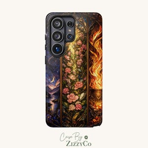 May include: A rectangular smartphone case featuring a vertical triptych design. The left panel shows a night landscape with a crescent moon, the center panel displays climbing pink roses, and the right panel depicts bright orange flames.