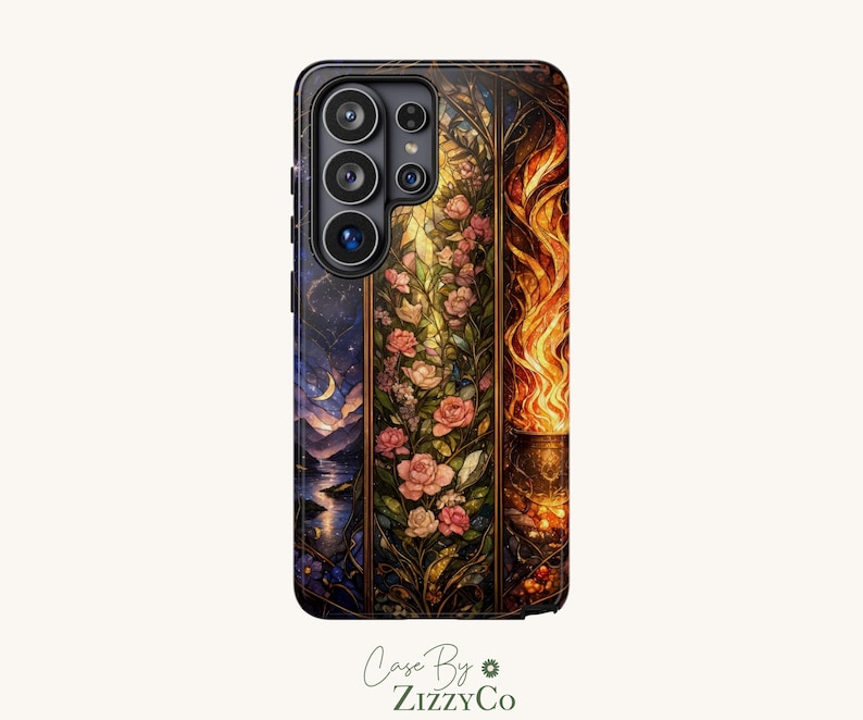 May include: A rectangular smartphone case featuring a vertical triptych design. The left panel shows a night landscape with a crescent moon, the center panel displays climbing pink roses, and the right panel depicts bright orange flames.