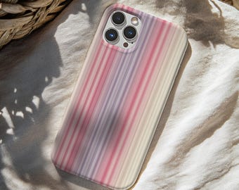 May include: A smartphone case featuring a vertical striped pattern in shades of soft pink, lavender, and cream. The case has a cutout for a triple-lens camera system on the upper left corner, showing three circular lenses and a small flash component.
