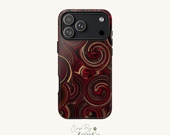 Burgundowe etui na telefon z motywem spirali, abstrakcyjna oprawa do iPhone'a 18 17 16 15 Pro Max, Samsunga S26 S25 S24 Ultra, estetyczne, wytrzymałe etui w kolorze ciemnej spirali