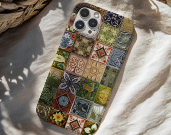 May include: A smartphone case featuring a grid of square tiles with diverse botanical and geometric patterns in shades of green, blue, yellow, and terracotta. The design includes floral motifs, stylized trees, and intricate scrollwork across the surface.