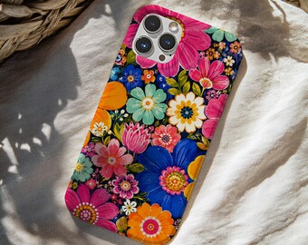 Kolorowe etui na telefon z motywem kwiatowym, jasne etui w stylu retro z kwiatami na iPhone'a i Samsunga, maksymalistyczne etui botaniczne, żywy, estetyczny prezent w stylu folk art