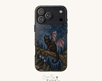 Gothic Black Cat Phone Case, Bat Wing Cat in Enchanted Forest, Maximalist Whimsigoth Cover for iPhone & Samsung, Witchy Aesthetic Gift