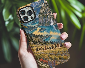 May include: A smartphone case featuring a detailed illustration of a group of small figures walking along a path through a meadow toward a distant castle on a cliffside. The scene includes a blue lake, evergreen trees, and colorful wildflowers.