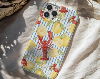 May include: A smartphone case featuring a repeating pattern of bright yellow lemons, green leaves, white blossoms, and red lobsters set against a background of thin vertical blue stripes. The case has a cutout for a triple-lens camera system.