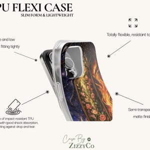 May include: A TPU flexi case for a smartphone featuring a slim, lightweight form and a semi-transparent matte finish. The design displays a dark celestial pattern with stars and a vibrant floral motif. Text includes TPU FLEXI CASE, SLIM FORM & LIGHTWEIGHT, and Case By ZizzyCo.