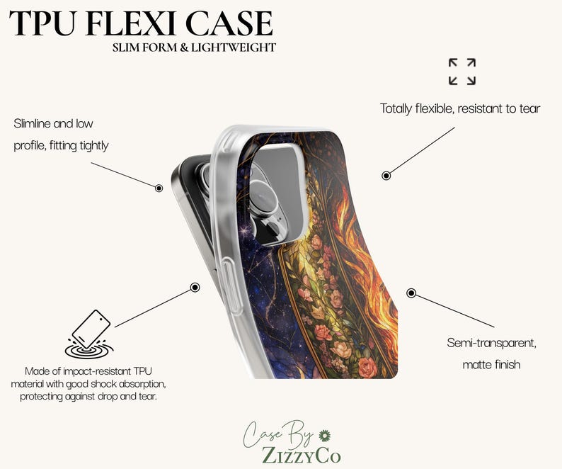 May include: A TPU flexi case for a smartphone featuring a slim, lightweight form and a semi-transparent matte finish. The design displays a dark celestial pattern with stars and a vibrant floral motif. Text includes TPU FLEXI CASE, SLIM FORM & LIGHTWEIGHT, and Case By ZizzyCo.