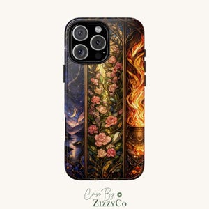 May include: A smartphone case featuring a vertical triptych design. The left panel shows a night landscape with a crescent moon, the center panel displays climbing pink roses on green vines, and the right panel depicts bright orange flames.