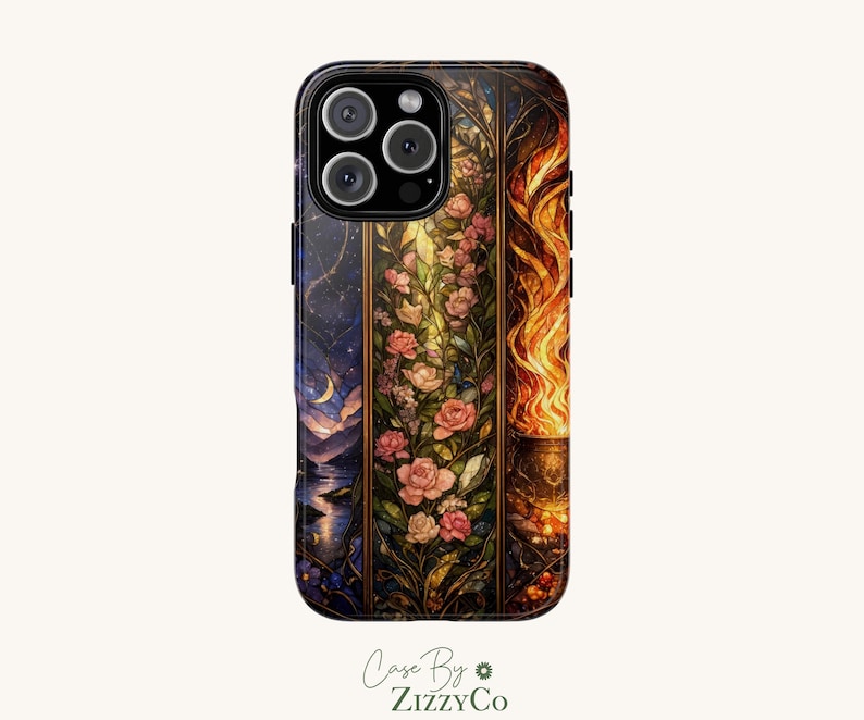 May include: A smartphone case featuring a vertical triptych design. The left panel shows a night landscape with a crescent moon, the center panel displays climbing pink roses on green vines, and the right panel depicts bright orange flames.