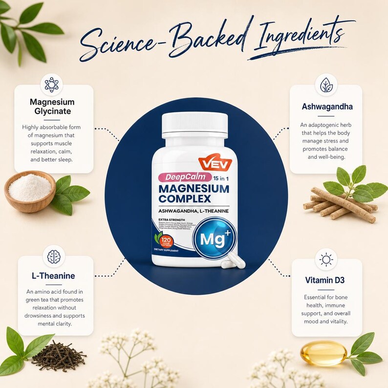 May include: A white plastic bottle of DeepCalm 15 in 1 Magnesium Complex dietary supplement with a blue and white label. The bottle is surrounded by four informational boxes detailing Magnesium Glycinate, Ashwagandha, L-Theanine, and Vitamin D3.
