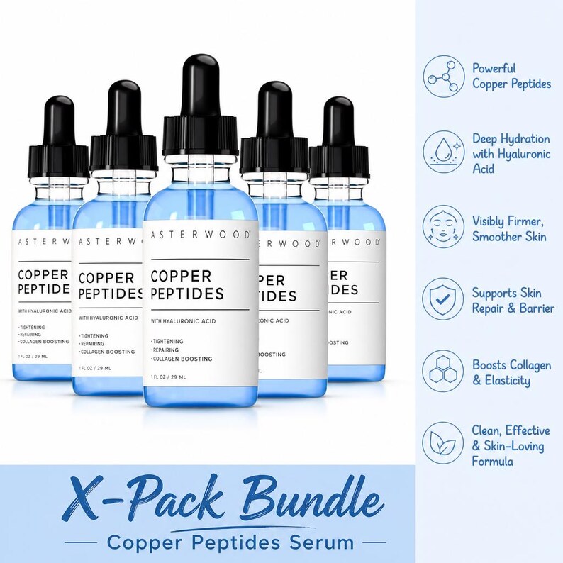 May include: Five clear glass dropper bottles of Asterwood Copper Peptides serum with blue liquid, black caps, and white labels reading Copper Peptides with Hyaluronic Acid, 1 fl oz / 29 ml. The right side lists benefits including hydration and firming.