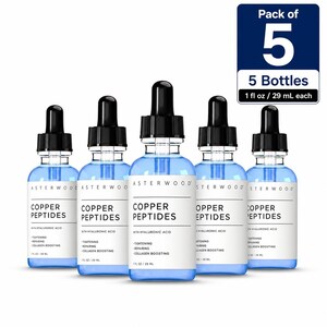 May include: A pack of five clear glass dropper bottles containing blue liquid, labeled Asterwood Copper Peptides with Hyaluronic Acid. Each bottle is 1 fl oz. The labels list benefits including tightening, repairing, and collagen boosting.