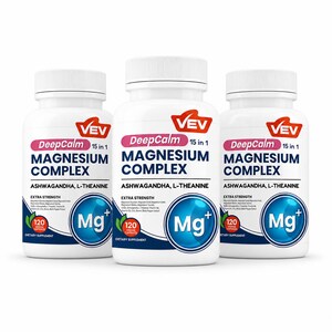 May include: Three white plastic bottles of VEV DeepCalm 15 in 1 Magnesium Complex dietary supplement. Each bottle features a red logo, dark blue text, and a blue circular icon with Mg+ printed on it, containing 120 veggie capsules.