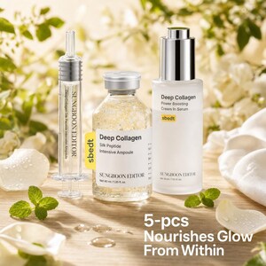 May include: Three skincare products from SUNGBOON EDITOR: a clear syringe-style ampoule, a glass bottle containing gold-flecked Deep Collagen Silk Peptide Intensive Ampoule (40 ml / 1.35 fl. oz.), and a white bottle of Deep Collagen Power Boosting Cream In Serum.