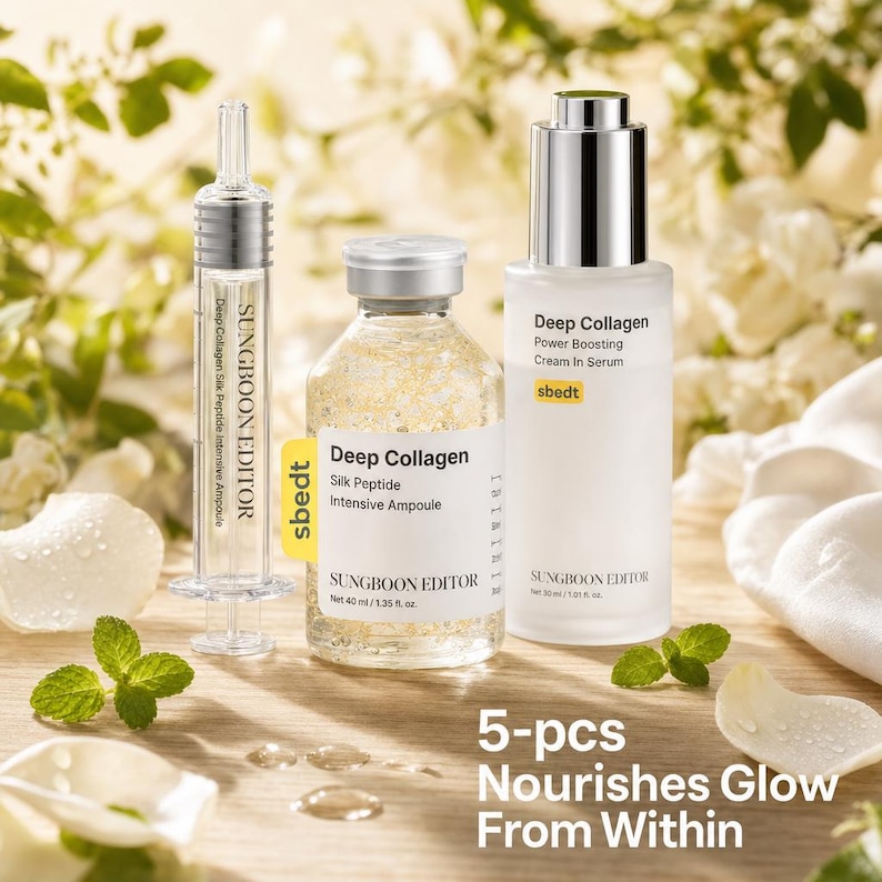 May include: Three skincare products from SUNGBOON EDITOR: a clear syringe-style ampoule, a glass bottle containing gold-flecked Deep Collagen Silk Peptide Intensive Ampoule (40 ml / 1.35 fl. oz.), and a white bottle of Deep Collagen Power Boosting Cream In Serum.