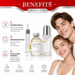 May include: A Sungboon Editor Deep Collagen skincare set featuring a syringe-style applicator, a glass bottle of silk peptide intensive ampoule, and a bottle of power boosting cream in serum, displayed with text detailing benefits like nutrition boost.