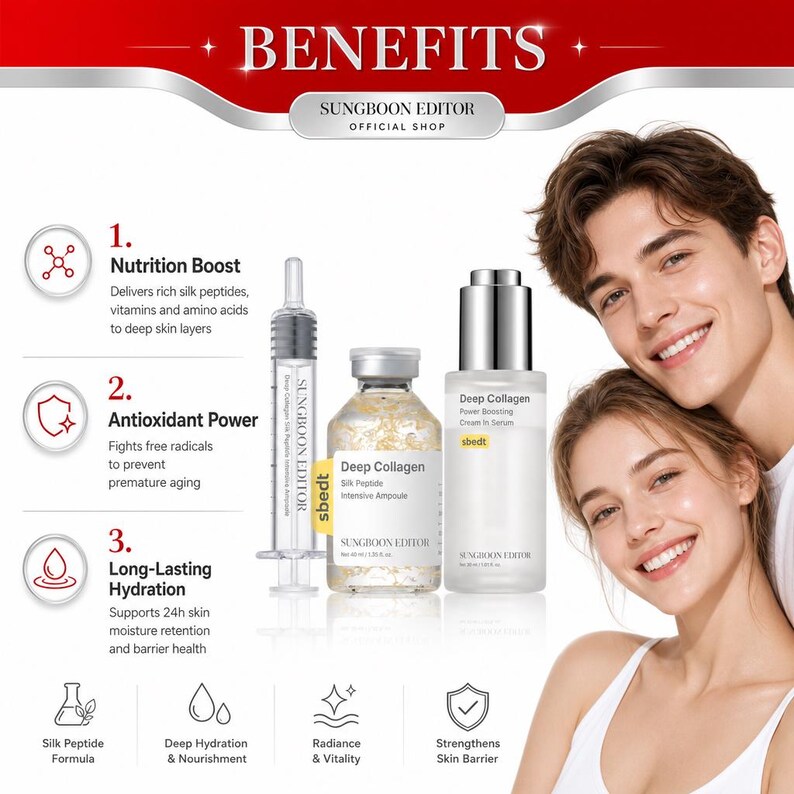 May include: A Sungboon Editor Deep Collagen skincare set featuring a syringe-style applicator, a glass bottle of silk peptide intensive ampoule, and a bottle of power boosting cream in serum, displayed with text detailing benefits like nutrition boost.