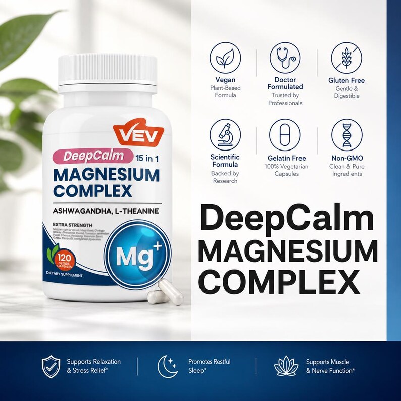May include: A white plastic bottle of VEV DeepCalm 15 in 1 Magnesium Complex dietary supplement with 120 veggie capsules. The label features text including Ashwagandha, L-Theanine, and icons for vegan, doctor formulated, and gluten-free status.