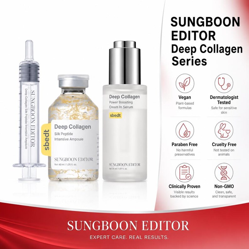 May include: A Sungboon Editor Deep Collagen Series set featuring a syringe-style applicator, a glass bottle of Silk Peptide Intensive Ampoule with 1.35 fl. oz. volume, and a bottle of Power Boosting Cream In Serum with 1.01 fl. oz. volume.
