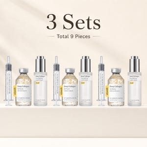 May include: Three sets of skincare products totaling nine pieces, featuring clear glass vials of Deep Collagen Silk Peptide Intensive Ampoule and Deep Collagen Power Boosting Cream in Serum, alongside clear plastic applicators labeled Sungboon Editor.