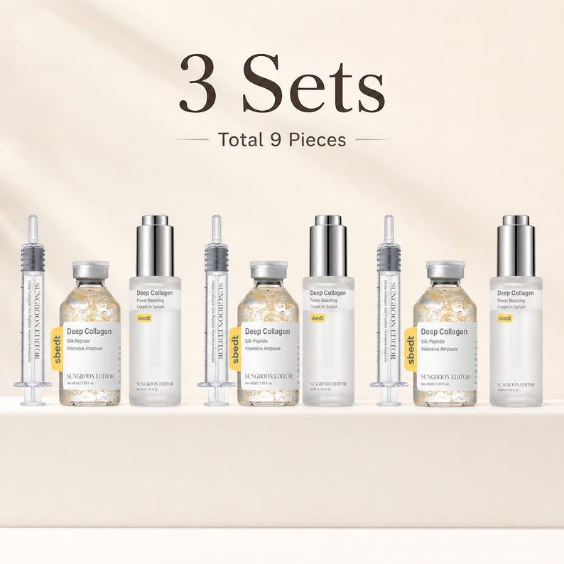 May include: Three sets of skincare products totaling nine pieces, featuring clear glass vials of Deep Collagen Silk Peptide Intensive Ampoule and Deep Collagen Power Boosting Cream in Serum, alongside clear plastic applicators labeled Sungboon Editor.